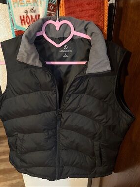 Lands' End Black Quilted Puffer Vest with Gray Collar Lining